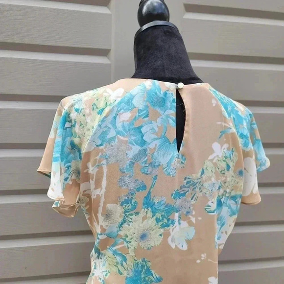 Worthington Womens Short Sleeve Floral Blouse Top Beige Blue Keyhole Petite L PL - Picture 8 of 8